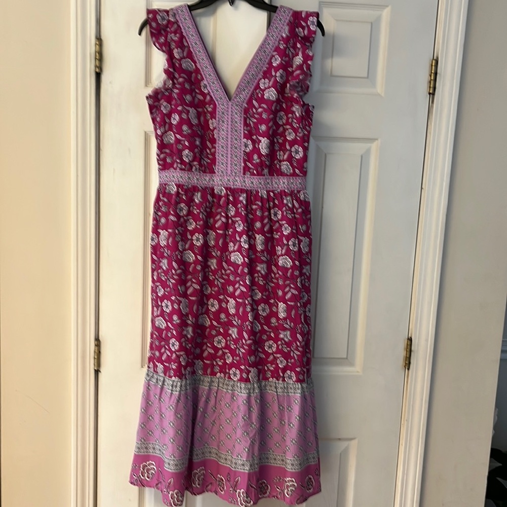 LOFT Tiered Dress flutter cap sleeve v neck with pockets